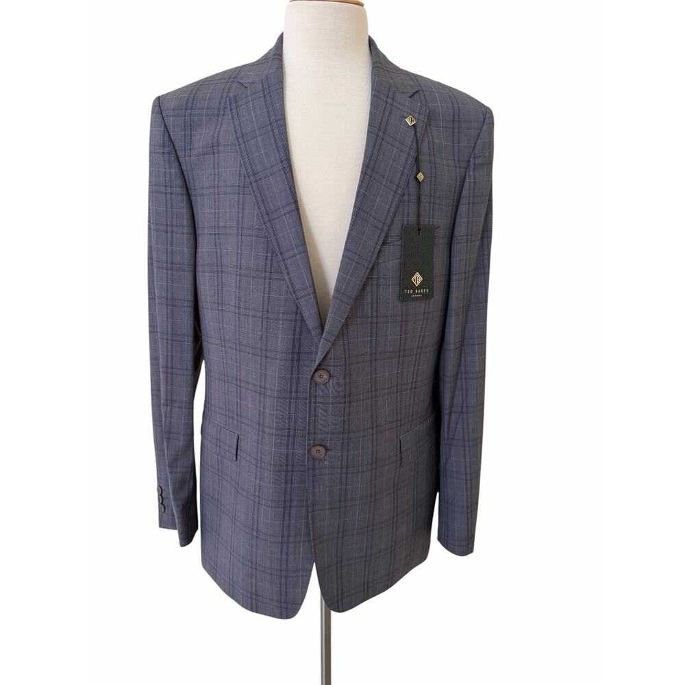 Ted Baker London Men Italian Modern Fit Gray Plaid Blazer Size 46R - NWT